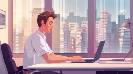 In this modern cartoon illustration, a young man is working on a laptop at home with a view of the cityscape in the window. The character is a freelancer or student.