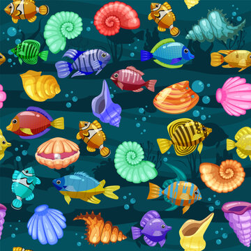 Tropical fishes, shells cartoon seamless pattern. Cute funny underwater characters