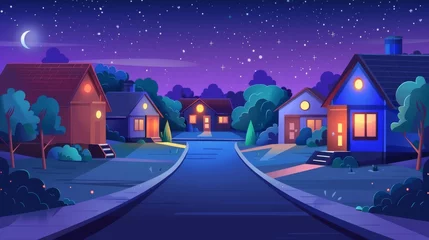 Gartenposter In the dark of the night, a row of houses on a street, with trees, yards, roads, and driveways. Cartoon modern town scene with modern neighborhood cottages under a dark sky. © Mark