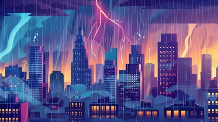 Cloudy sky with pouring rain and lightning bolt above skyscrapers, high-rise office and housing buildings with many windows, gloomy cityscape.