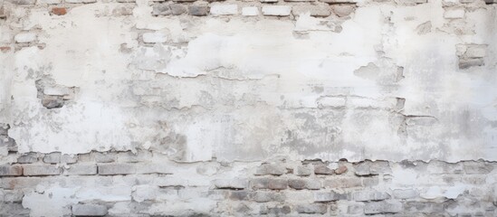 A closeup of a grey rectangular brick wall with peeling paint, creating a unique pattern. The art of decay in the freezing winter landscape of the city