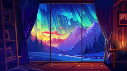 A night mountain lake view from a chalet window. A cartoon illustration of purple aurora borealis lights, a dark starry sky, transparent curtains, and pictures on the walls.