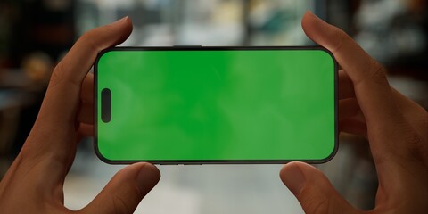 Person holding a smartphone with a green screen in a blurred cafe setting - 757023385