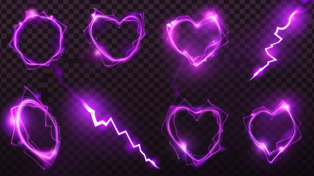 Modern realistic illustration of hearts, rhombuses, spades, thunderbolts, and electric discharges on a transparent background.