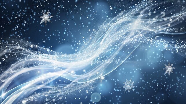 White swirling fragrance wind spraying with snow particles and glowing effect. Beautiful realistic modern illustration set with animated snowflakes and luminous sparkles.