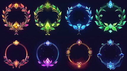 Game level rank avatar frame or menu banner. Cartoon modern set of fantasy decorative metal circle border with different amounts of curling edges and diamonds. - obrazy, fototapety, plakaty