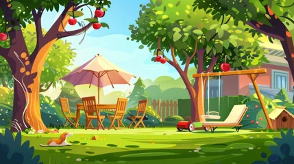 Gardinen Backyard of country home with trees and furniture. Summer cartoon landscape with green grass and fruit trees, swing with canopy, wooden table with chairs and dog house, lawnmower. © Mark
