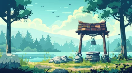 Foto op Canvas The well on the shore of the lake is surrounded by a forest with a wooden roof, a pulley and bucket. Cartoon modern of a rustic summer woodland scene with stone tubewells and lanterns. © Mark
