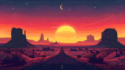 Fototapeta na wymiar Vibrant Pixel Art Sunset: Desert Landscape in Retro Pixilation