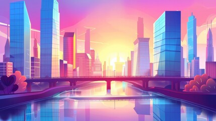 Modern illustration of an urban metropolis landscape with highway infrastructure and downtown skyscrapers on a viaduct bridge over a river. - obrazy, fototapety, plakaty