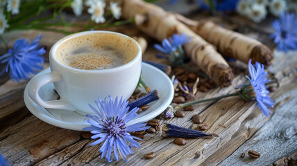 Chicory root on a table with a cup of chicory coffee emphasizing its health benefits - obrazy, fototapety, plakaty