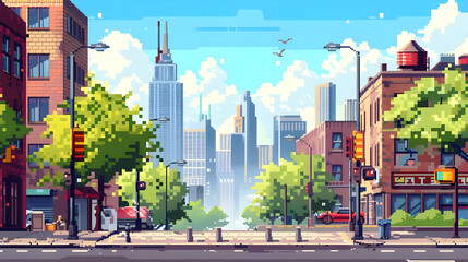 Pixel Art city scene with main road, Perfect for old style game background - obrazy, fototapety, plakaty