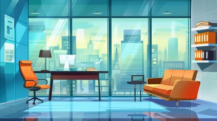 Modern cartoon illustration of bank office interior with large window, computer on desk, chair, couch for clients, cash desk behind glass wall, and folders on shelves.