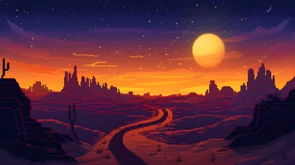 Keuken spatwand met foto Vibrant Pixel Art Sunset: Desert Landscape in Retro Pixilation © Sufyan