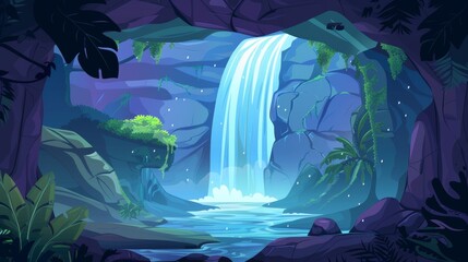 From inside a stone grotto with green gemstones, a view on cascade waterfall in forest at night is shown through a hole in the cave door. Cartoon modern illustration of dark dusk summer landscape