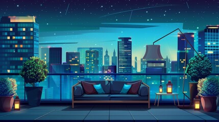 This is a modern cartoon illustration of a lounge balcony on top of a skyscraper, with couch, bushes, railing, lamps and a dark starry sky, showing a modern cityscape under a dark starry night, with