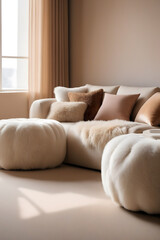 Fototapeta na wymiar Fluffy sheepskin poufs near curved sofa against beige wall with copy space. Minimalist luxury home interior design of modern living room