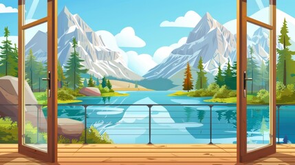 View from wooden terrace of mountain lake. Modern of chalet house veranda with glass door, spring nature scene with rocky peaks, green trees, clouds in blue sunny sky.