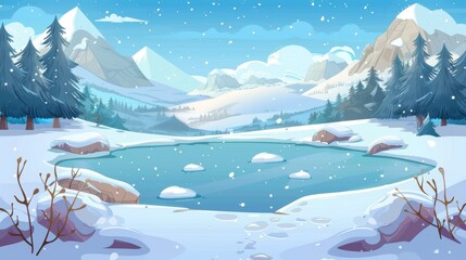 The pond and shore of the lake are covered in snow, surrounded by high hills under a blue sky with clouds. Cartoon modern panoramic peaceful cold winter landscape with rocky mountains in the