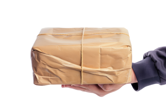 professionalism of a courier service holding a box without a label on a white background.
