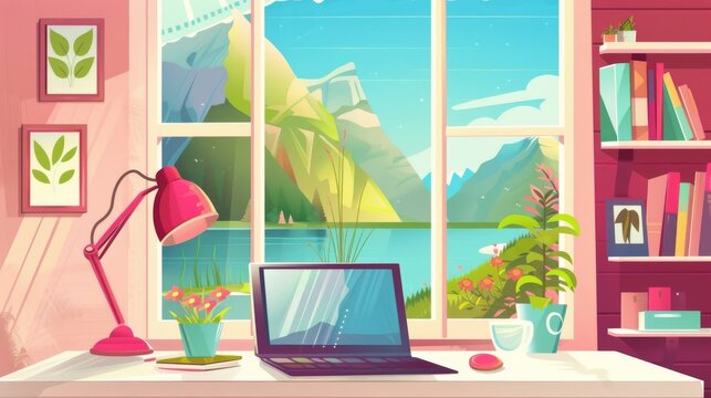 The computer is located on the window with a mountainous view. Modern illustration of blue lake water in a green valley, the computer is sitting on the window sill, a lamp and a flowerpot are on the