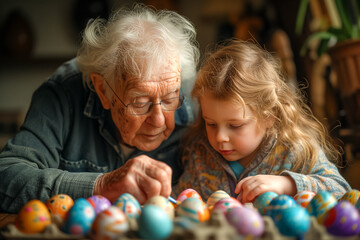 affectionate moment between grandfather with grandchild which painting Easter eggs at home - obrazy, fototapety, plakaty