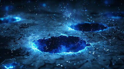 An abstract ground surface with light cracks. Modern illustration of blue holes glowing on a black background, mist and sparkling particles in the air, magic energy effect, demolition of a building. - obrazy, fototapety, plakaty