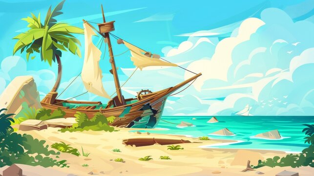 Maritime wrecked ship on tropical island. Illustration of old abandoned sailboat with damaged board, torn sails on mast, cracked steering wheel, palm tree on sandy beach, shipwrecked scene.