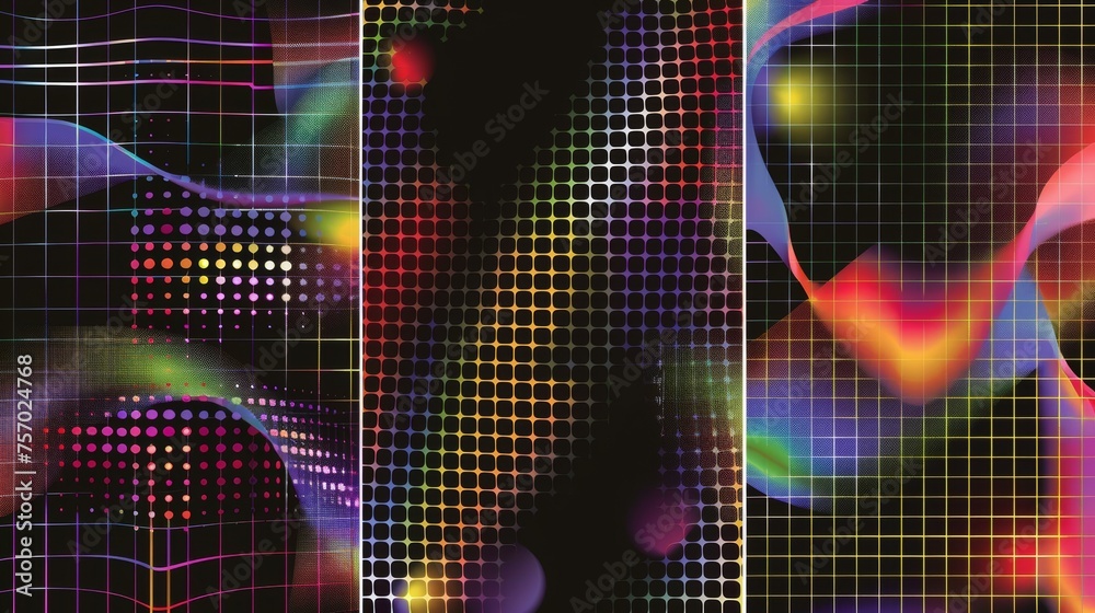 Fototapete an acid grid psychedelic geometry pattern and text elements are shown on a black background in this 