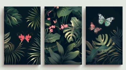 Boho aesthetic banners using Y2K vibes. Modern illustration with elegant flower decoration, butterflies on green and black background. Retro futuristic flashback vibe flyer. - obrazy, fototapety, plakaty