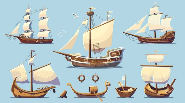 Various cartoon sailboats with wooden decks, a captain's dock, a mast, and canvas sails. Illustration of pirate and fishing boats for game UIs or kid's book stories. Set of maritime transportation.