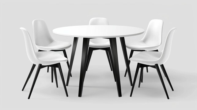 Round white plastic table and four chairs for a cafe or exhibition display. Realistic modern illustration of empty furniture for advertising or corporate presentations.