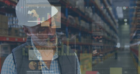 Image of statistics and financial data processing over man working in warehouse