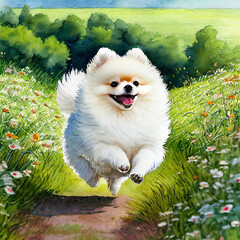 꽃밭을 뛰어다니는 귀여운 흰 강아지