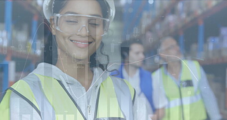 Image of statistics and financial data processing over woman working in warehouse