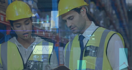 Image of statistics and financial data processing over man and woman working in warehouse