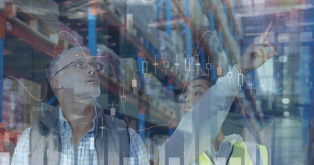 Image of statistics and financial data processing over man and woman working in warehouse