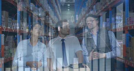 Image of statistics and financial data processing over men and woman working in warehouse