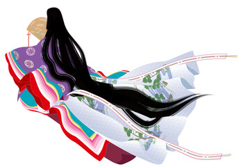 檜扇と十二単衣を着た女性の後ろ姿のイラスト.日本の民族衣装. - obrazy, fototapety, plakaty