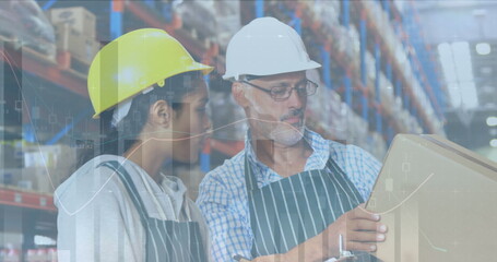 Image of statistics and financial data processing over man and woman working in warehouse