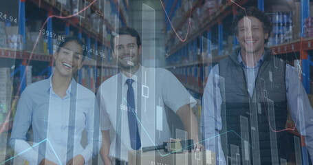 Image of statistics and financial data processing over men and woman working in warehouse