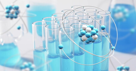 Image of atom over laboratory dishes on white background