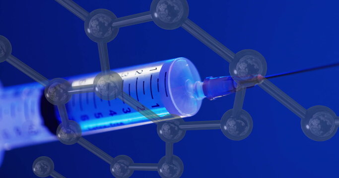 Image of molecule structures over syringe on blue background - Powered by Adobe