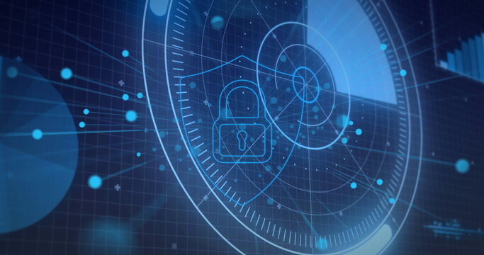 Image of online security padlock, scope scanning and data processing - Powered by Adobe