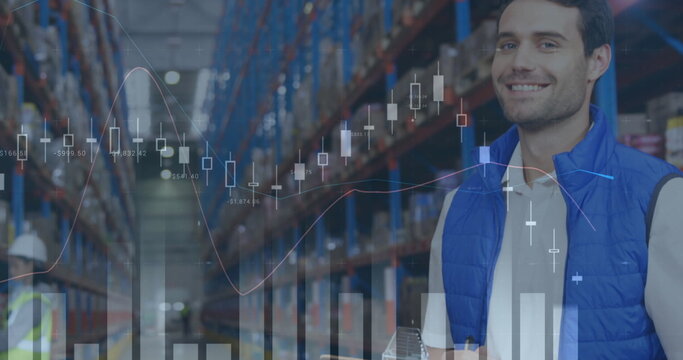 Image of statistics and financial data processing over man working in warehouse