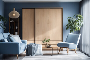 Modern living room with a wooden wardrobe, blue sofa set, and stylish interior decorations