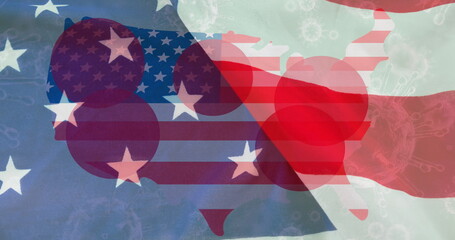 Naklejka premium Image of country coloured with american flag over virus icons