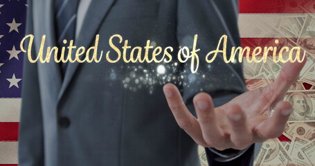 Fototapeta premium Image of united states of america text over man reaching his hand and american flag