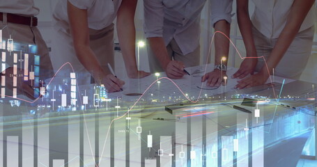 Image of financial data processing over business people in meeting