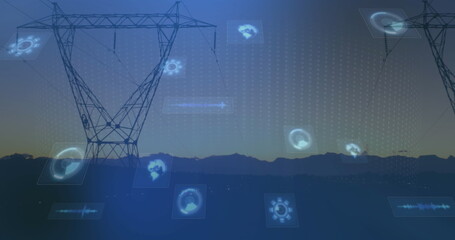 Image of scopes scanning and data processing on screens over electric pylons